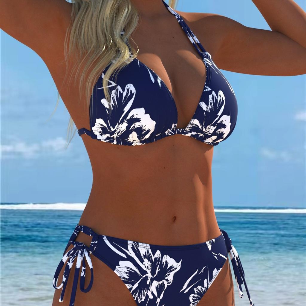 Bikini Set da Donna Sexy con Costume da Bagno Intero con Patchwork Stampa Divisa e Design con Scollo all'Americana