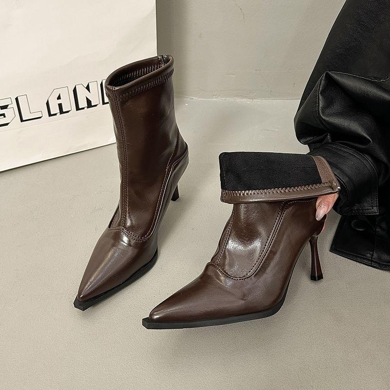 Retro temperament high heels thin heel boots versatile thin boots pointed short boots autumn and winter new