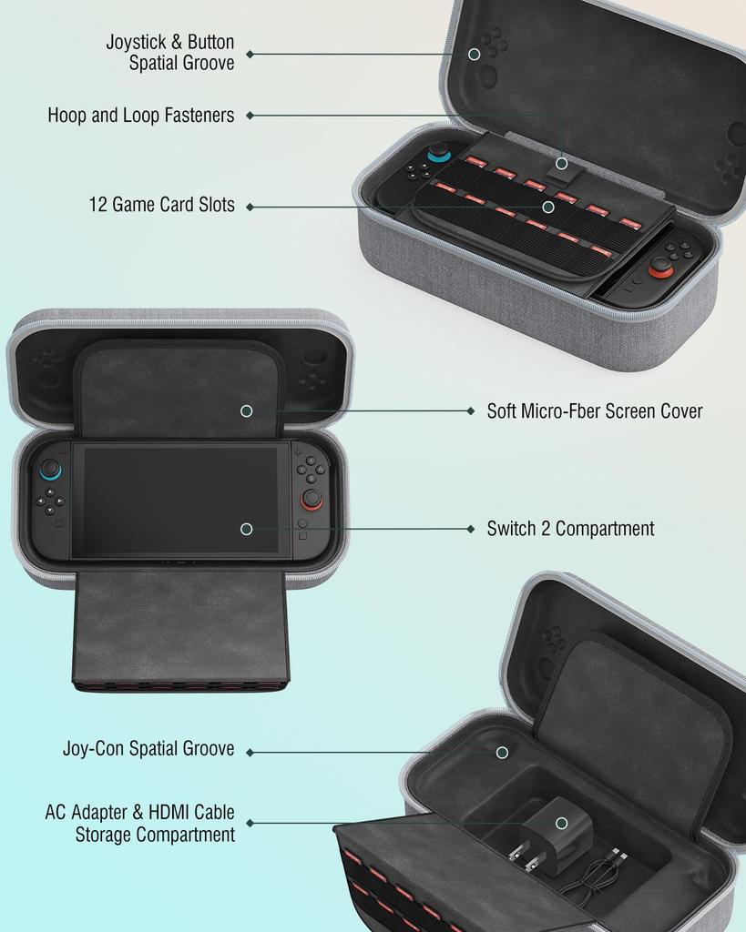 OLCLSS Nintendo Switch 2 Tragetasche mit acht Silikon-Kappen und zwei 10H Hart Verstärkt Bietet Platz für bis zu 12 Spiele und und ist leicht zu tragen