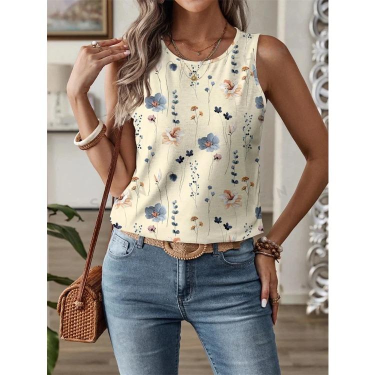 Summer Daily Casual Women's O-neck Tank Top Street Fashion Flower Print Sleeveless Outdoor Sports Top