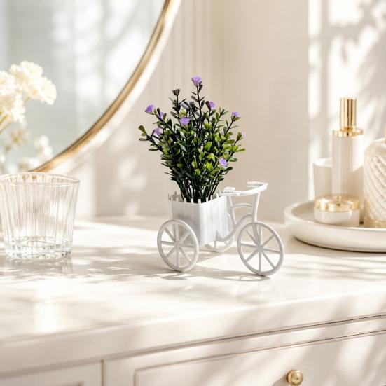 Fake Gypsophila Plant, Rustic Style Pink/Purple Flower Three-Wheel Cart Figurine, Simulated Small Flowers Desktop Home Decor Display Ornament
