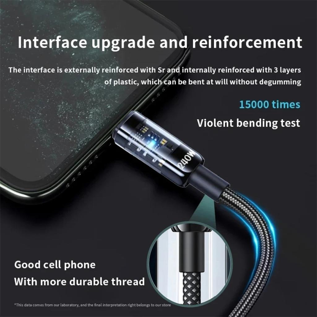 USB A To Type C 240W PD Transparent Fast Charging Cable Data Cord For Mi Huawei Samsung Android Phones USB C Charger Wire