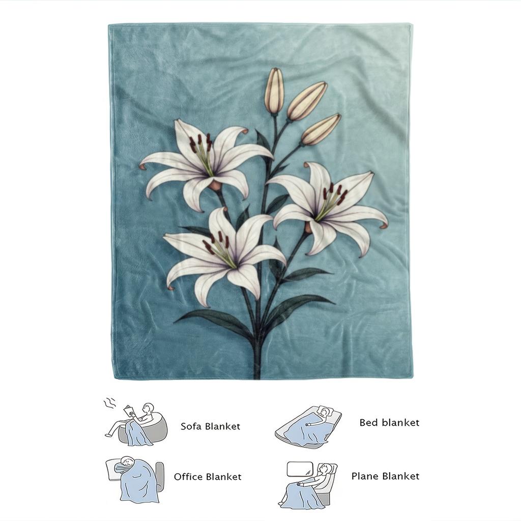 1pc Soft Turquoise Lily Floral Fleece Blanket - All-Season 100% Polyester Plush Bedspread with White Lilies & Green Foliage, Mac