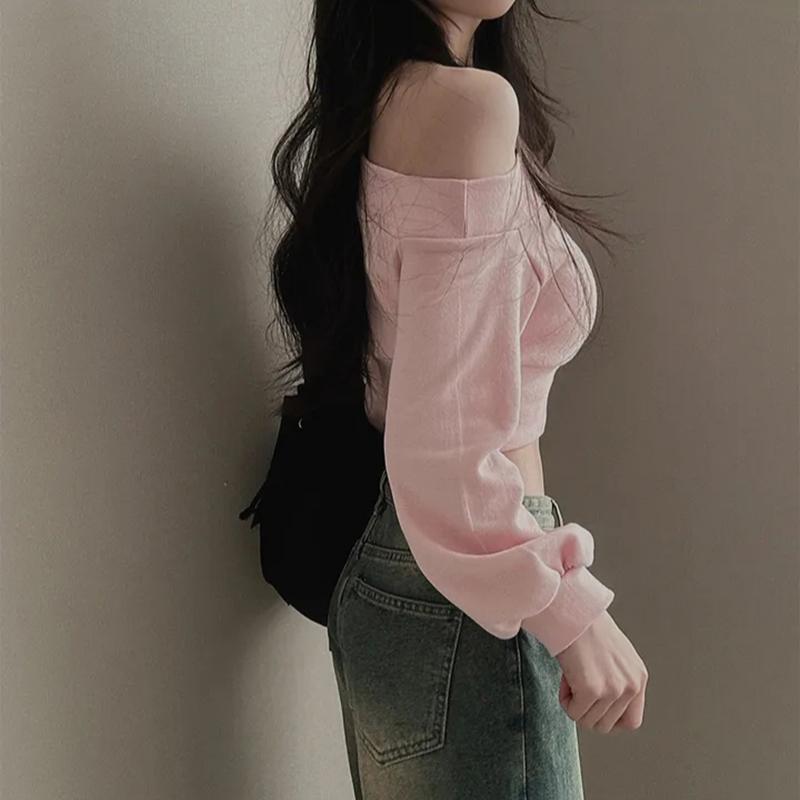 Harajuku Kvinnor Oregelbundna Off Shoulder Huvtröjor Långärmade Sexiga Magtoppar Y2k Streetwear Pullovers Sweatshirt 2024 Höst Vinter