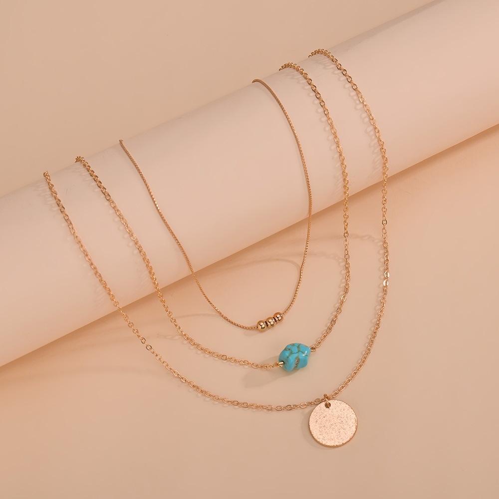 Popular, Geometric Disc Irregular Turquoise Pendant Necklace Ladies Multi-layer Necklace