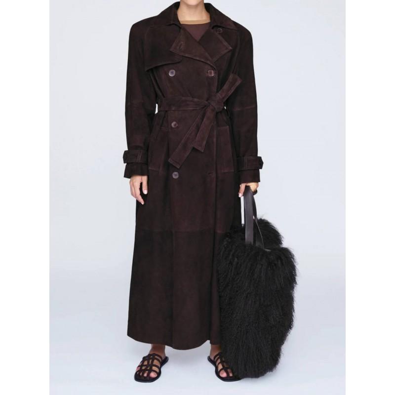 Womens Oversized Vintage Double-Breasted Belted Trench Coat Long Sleeve Suede Fleece Jacket Fall Winter