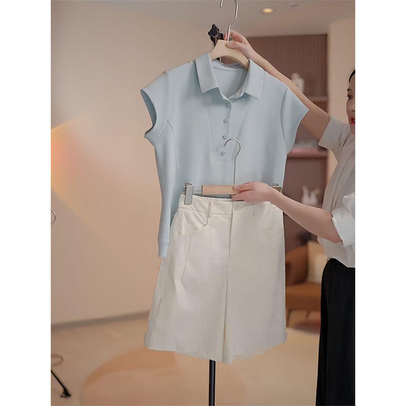 2026 Women's Chic Polo Collar Set: Stylish Solid Color Short Sleeve T-shirt for Summer Commutes