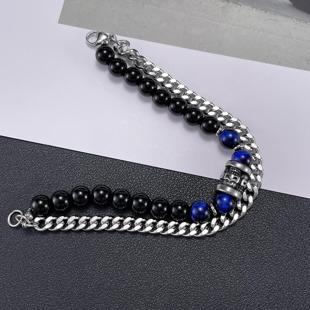 Double Layer Punk Black Agate Bracelets Stainless Delicate Blue tiger Eye Bracelet Unisex Jewelry Accessories Bead ALN2601001498