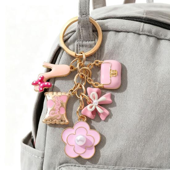 Yousheng Keychain Pendant with Faux Pearl Embellishment Enamel Heart Bowknot Flower Charm Key Chain Decorative Accessory