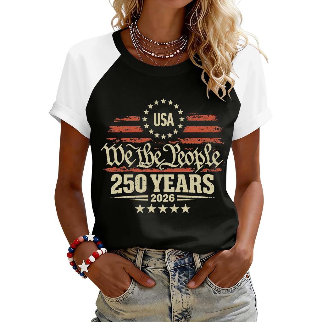 Women Fashion Printed T Shirt USA We The People 250 Years 2026 Graphic Tee Casual Short Sleeve Top Soft Comfortable Fit