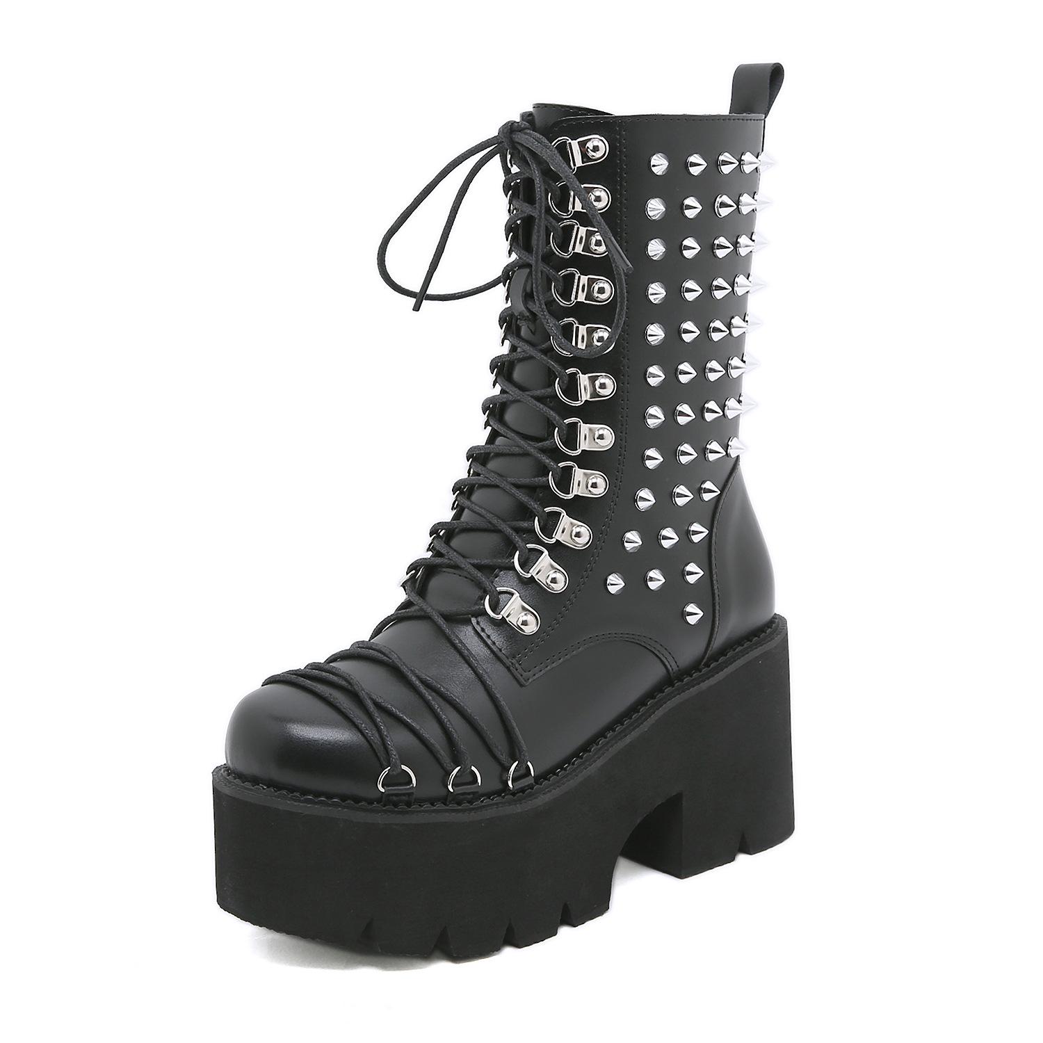 

Fashion New Handmade Women Motorcycle Punk Boots Mori Girl Lady Lolita Boots Woman High Top Boots Platform Fahion Rivets Goth Dark 8cm 35 чёрный