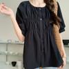 Summer French Versatile Solid Color Round Neck Short Sleeve Shirt Puff Sleeve Pleated Loose Women