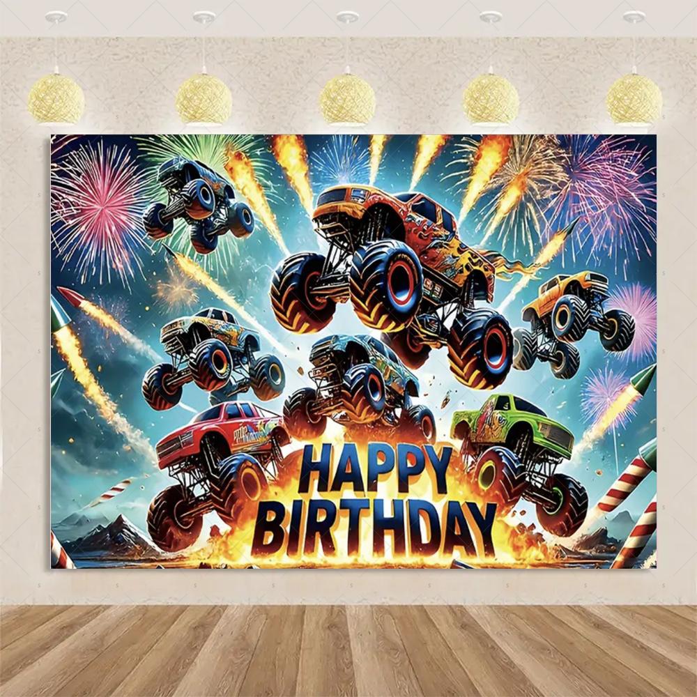 Monster Truck themed birthday party decorations, backdrop for boys, cool race cars, surprise banner38