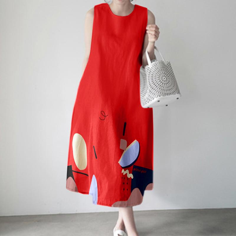 ZANZEA Womens Casual Round Neck Loose Summer Sleeveless Print Dress