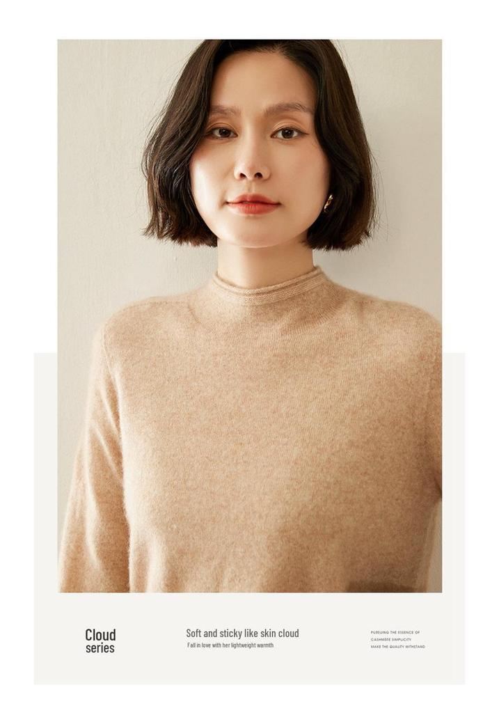 Women's Cashmere Half-High Collar Sweater: Autumn/Winter Style, Twelve-Stitch Rolled Hem, Loose Slimming Knit Base Layer