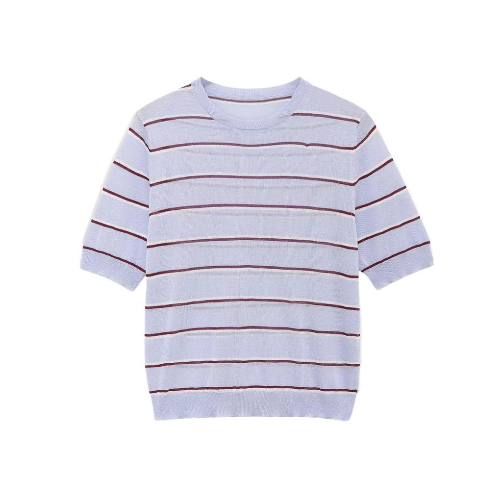 European Style Women's Striped Round Neck Short-Sleeve Top - Spring 2026 Collection (Picture Color)
