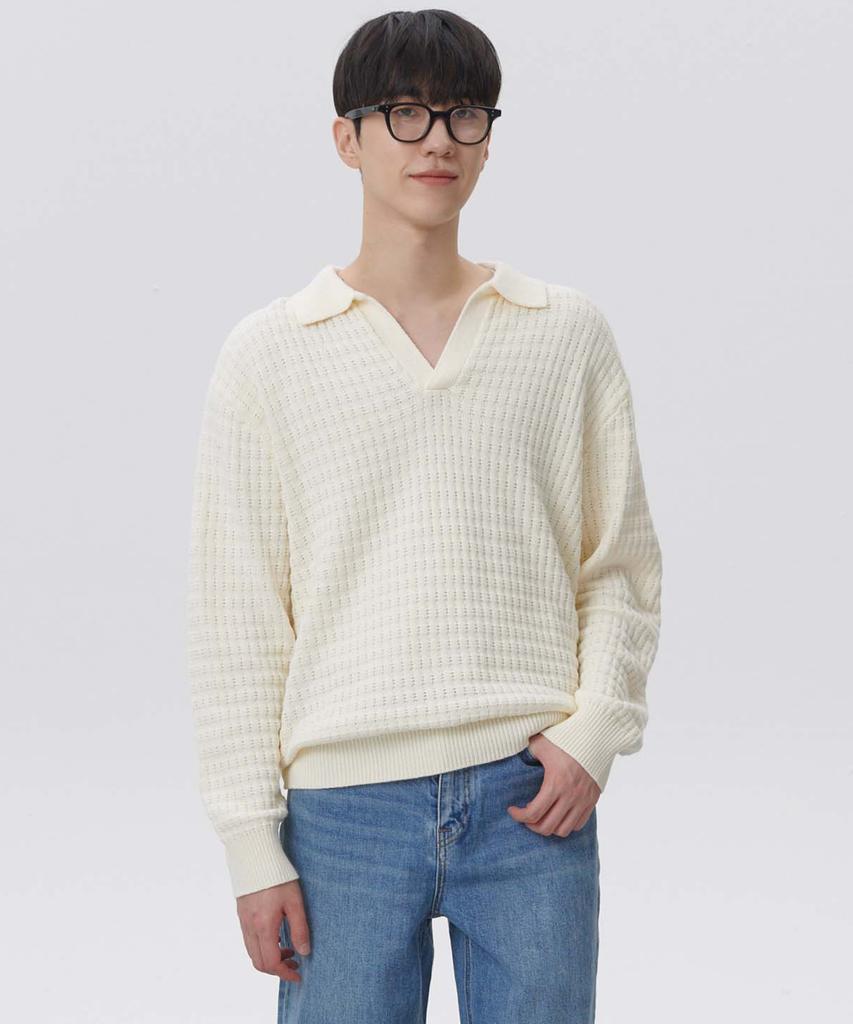 PLAC Waffle Long Sleeve Collared Knit Ivory