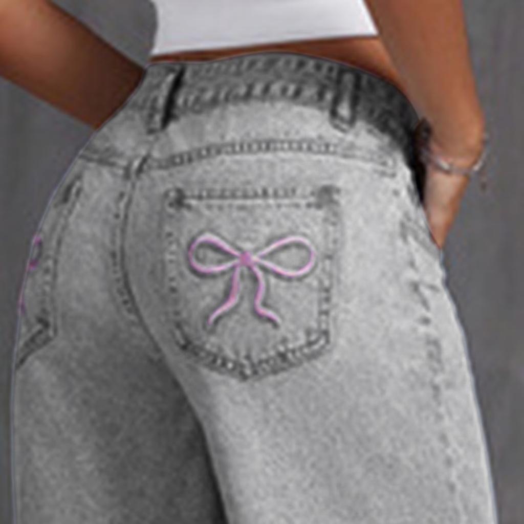Girls High Waist Straight Leg Jeans with Embroidery Loose Fit Casual Pants