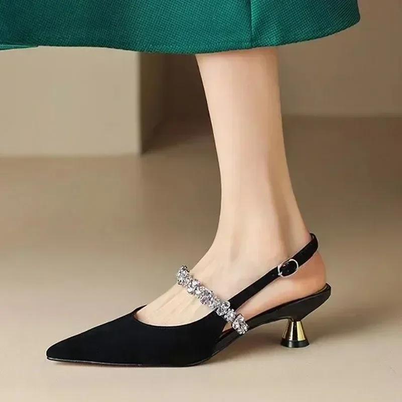 New Women's Sandals Pointed Toe Slingbacks Rhinestone Wedding Shoes Gold Sliver Low Heels Summer Mujer Luxury Zapatos De Mujer