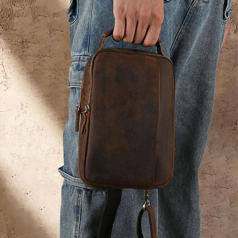 Single Shoulder Chest Bags Classic Retro Style Brown Genuine Leather Cowhide Men's Sling Bag Multiple Zippers Adjustable Strap