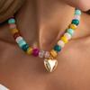 Salircon Y2K Boho Colorful Resin Beaded Choker Necklace for Women Stylish Gold Color Love Heart Pendant Neck Accessories Jewelry