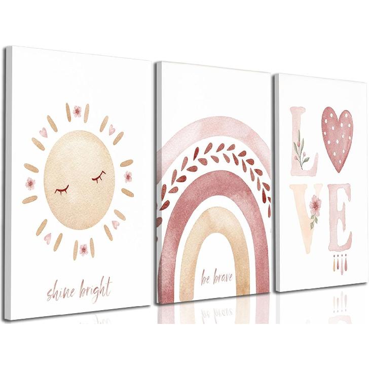 3 Pcs Nursery Canvas Wall Art Pink Sun Rainbow Hearts Posters Prints Boho Kids Room Pictures Wall Decor for Toddlers Children Baby Girl Bedroom Home
