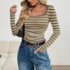 Women's Textured Fabric Fashionable and Comfortable Striped Long-sleeved T-shirt Knitted Casual Top Vintage Textured Stripe Thumb Hole Cuff Fitted