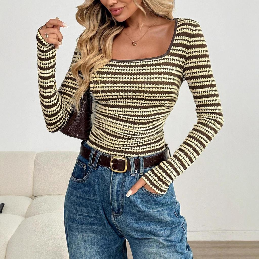 Women's Textured Fabric Fashionable and Comfortable Striped Long-sleeved T-shirt Knitted Casual Top Vintage Textured Stripe Thumb Hole Cuff Fitted