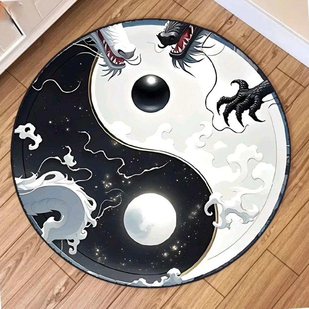 Yin Yang Dragon Round Rug Chinese Mythology Pattern Carpet Living Room Bedroom Decorative Floor Mat