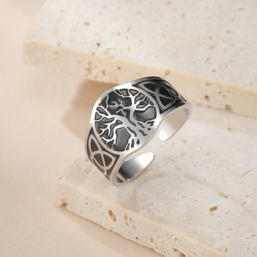 Titanium Steel Tree of Life Ring Personality Trend Hip Hop Punk Stainless Steel Smear Opening Rings for Men