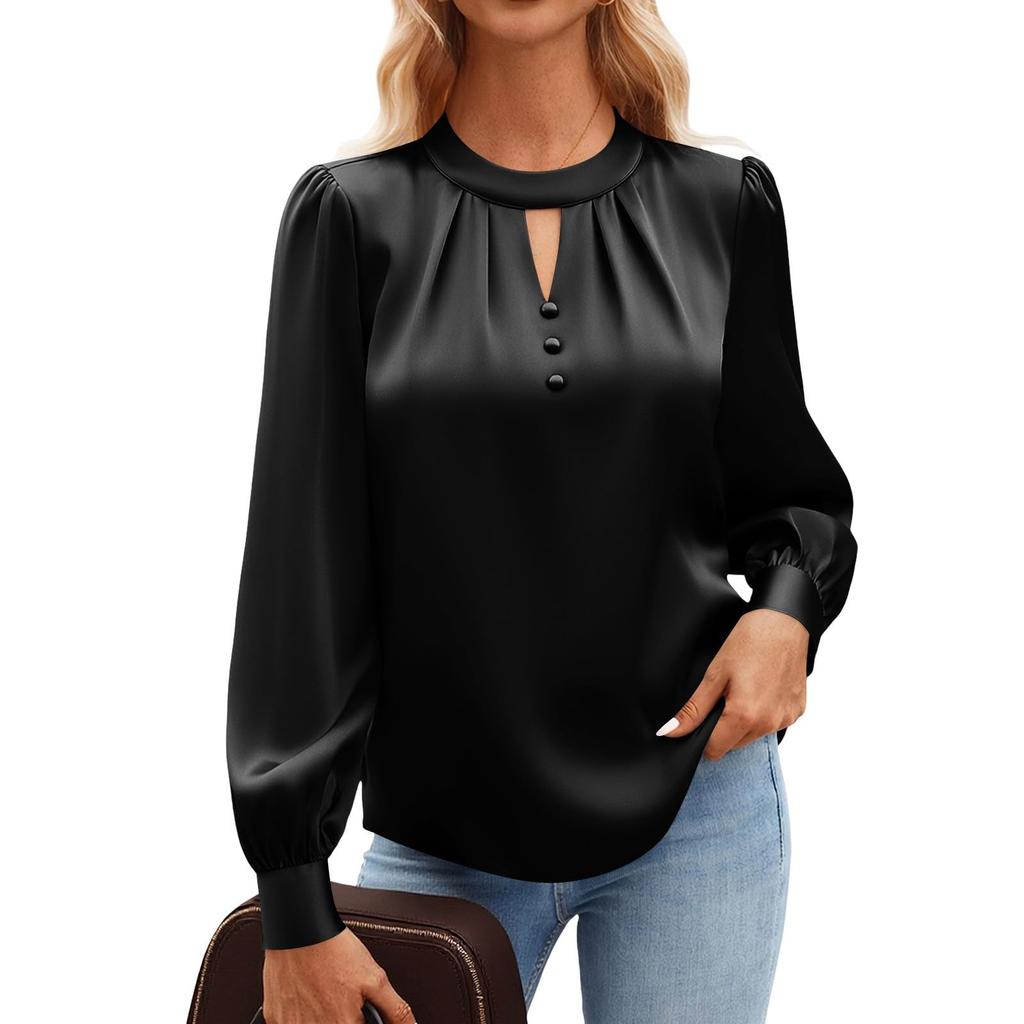 Women's Color Round Neck Long Sleeve Button Casual Business Shirt Top