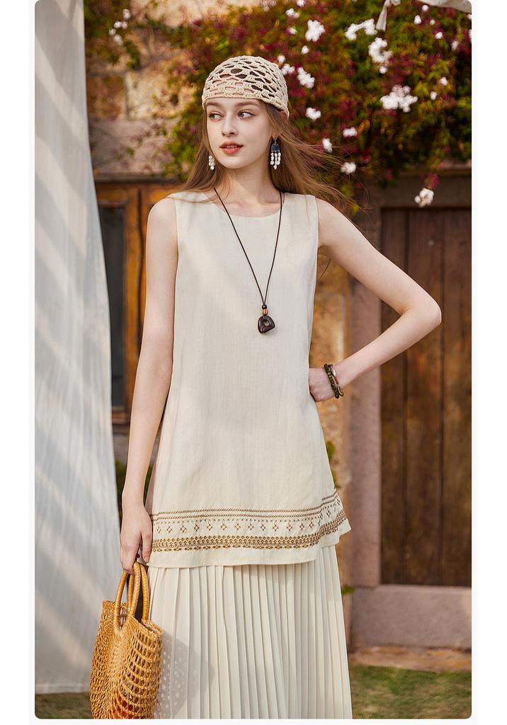 Xiangying Ethnic Style Embroidered Vest Skirt Women's Linen 2026 Summer New Item Fake Two-piece Splicing Sleeveless Dress