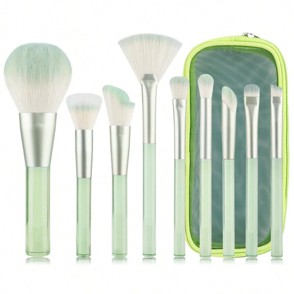 9Pcs Transparent makeup brushes set, blush brush, grooming brush, eyeshadow brush, loose powder brush, beauty tool with mesh bag