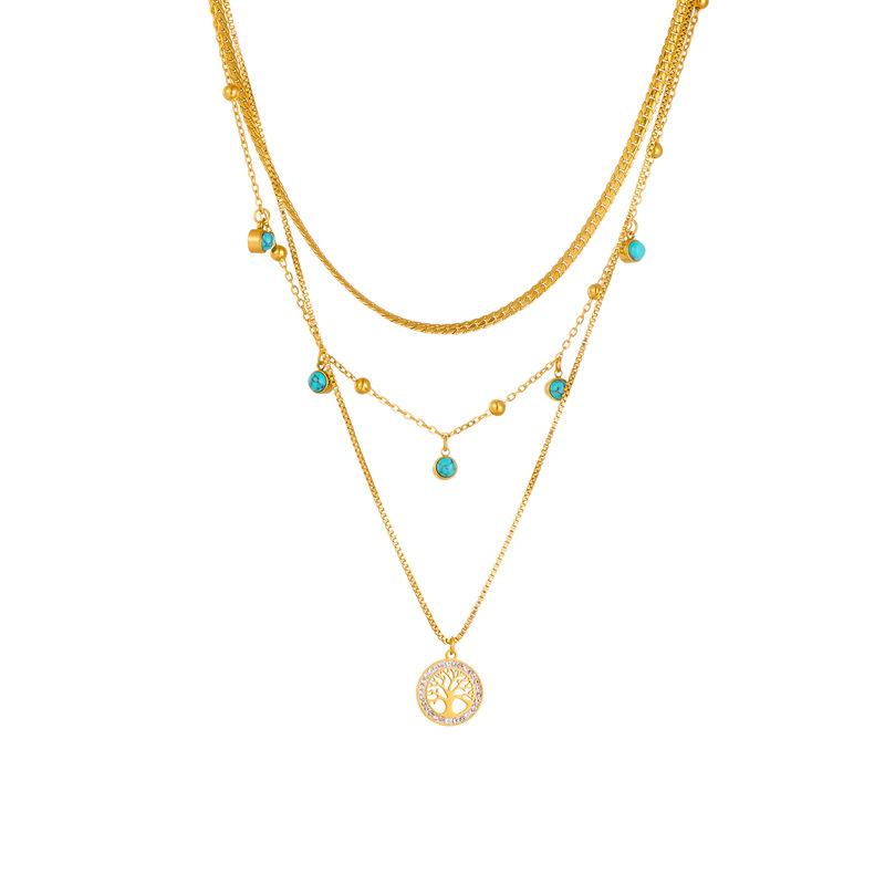 Fashion Layered Choker Necklace With Tree of Life Turquoise Pendant Titanium Steel