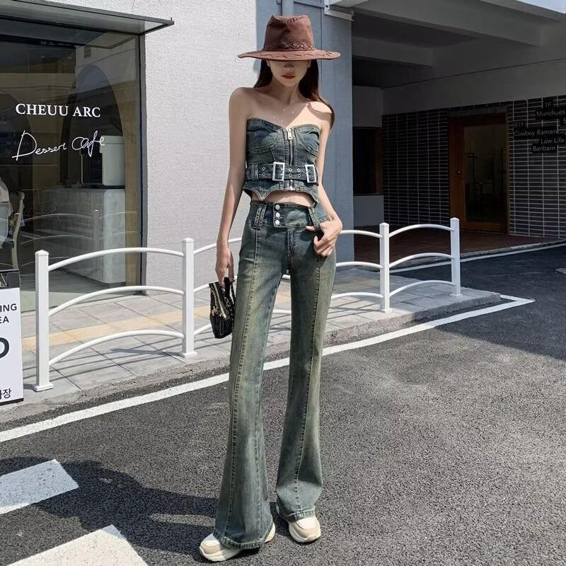 Women's Washed Retro Micro-Flare Jeans, High-Waisted, Elastic, Distressed, Slimming, Fall 2024 Collection.