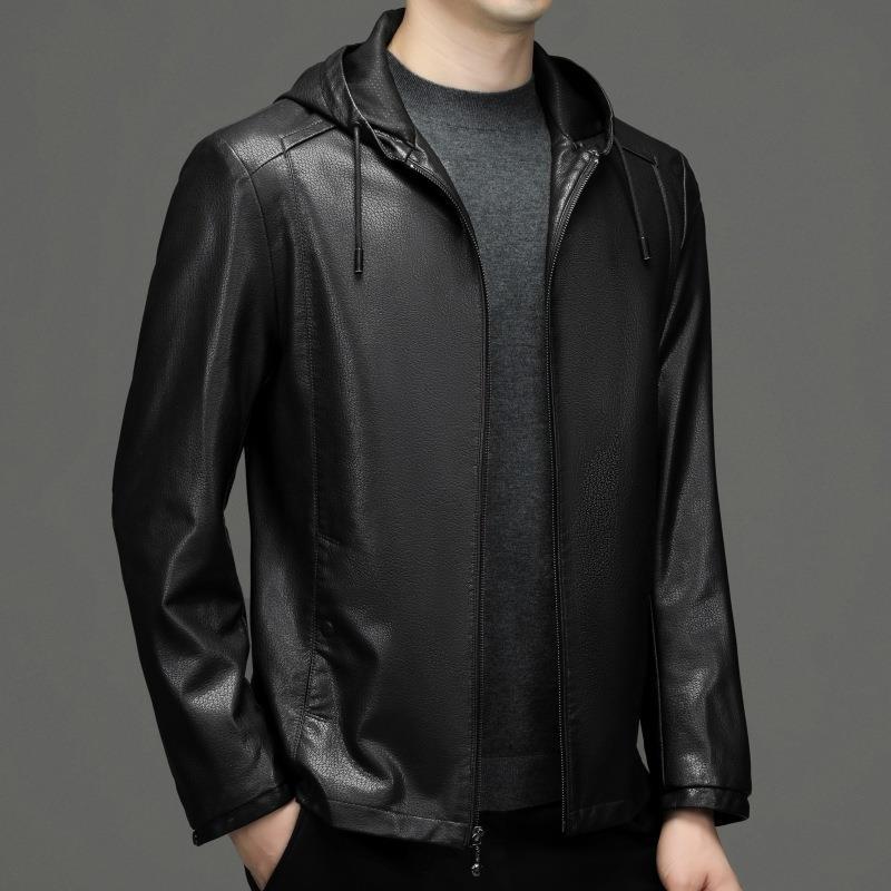 Leather Jacket Men's Handsome Hooded Casual Leather Jacket Middle-aged Dad Autumn and Winter Sheepskin Men's Jacket