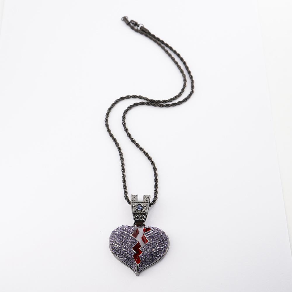 Jewelry Gun Black Purple Diamond Broken Heart Pendant 3mm Fried Dough Twists Chain Necklace Jewelry European and American Personality Fashion