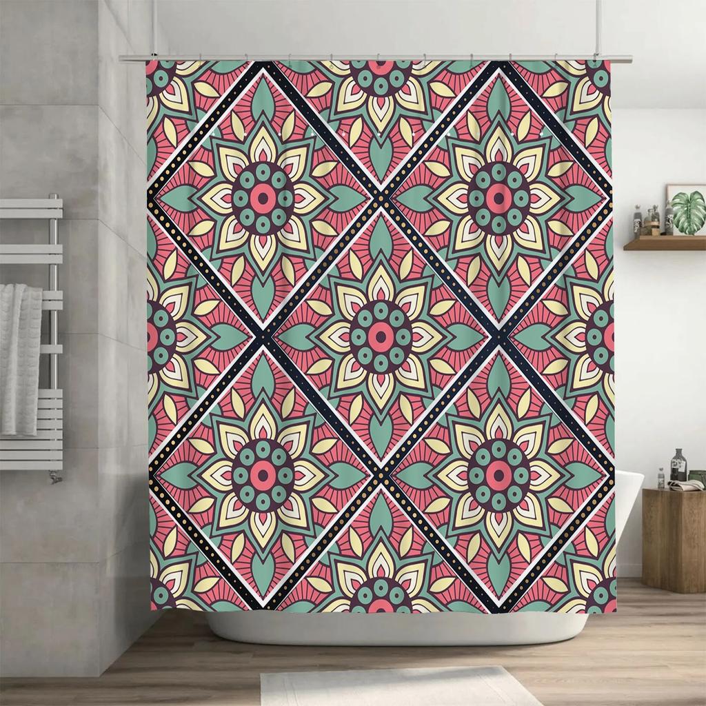 Decorative Mandala Shower Curtain with Floral Pattern Multicolor Bath Mat Set for Bathroom Decor 72 x 84 inches (183cmx213cm)