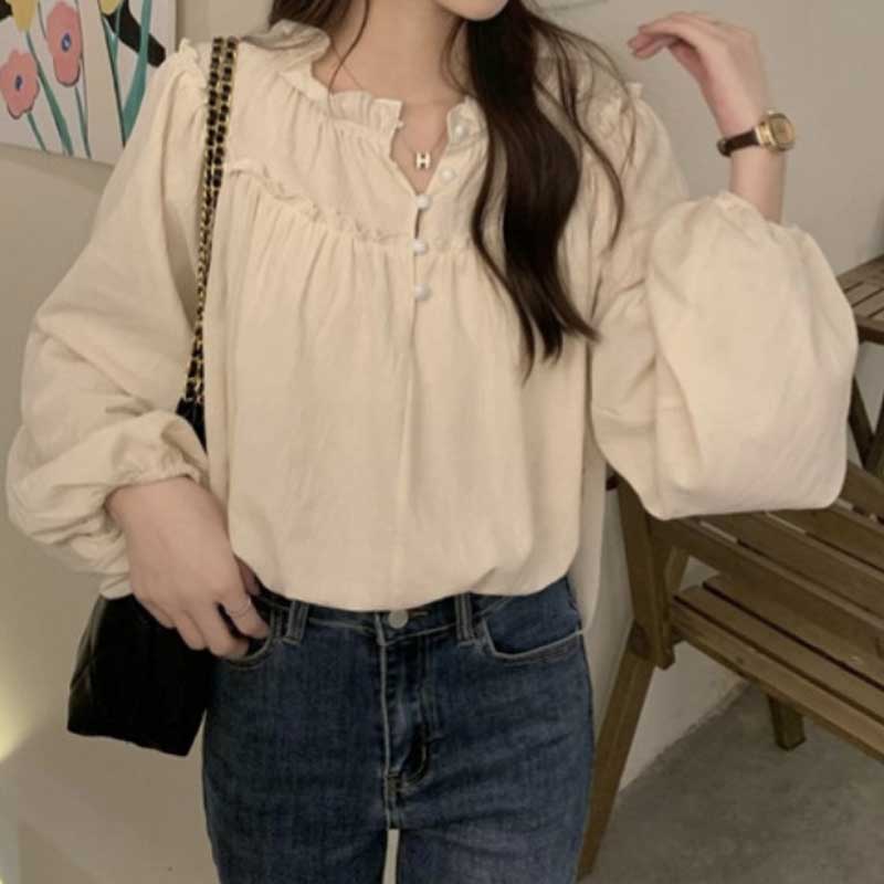 Korean Fashion Spliced Ruffles Shirt French Style Retro Blouse for Women Puff Sleeve Sweet Ladies Casual Loose Elegant Chic Design Shirts Tops