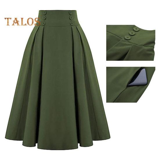 Spódnica midi damska z wysokim stanem, zdobiona guzikami, w kształcie litery A, codzienna, jednokolorowa, biurowa, damska, z kieszeniami, odzież robocza