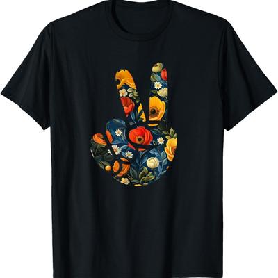 Elegant Silhouette Wildflowers Floral Peace Sign Hand T-Shirt(3)