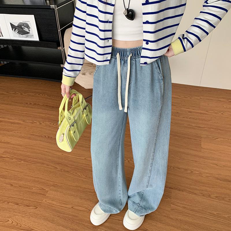 Women s Summer Tencel Denim High-Waist Elastic Loose Straight-Leg Plus Size Wide-Leg Pants Small