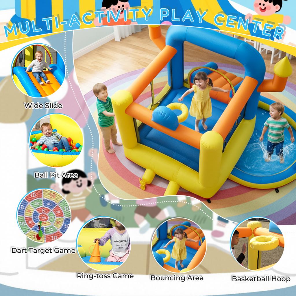 Kids Party Inflatable Bounce House Combo Toddler Inflatable Jumping Bouncy Castle with Slide,Pool,Basket,Dartboard,Trampoline