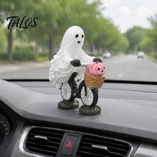 Fun Halloween Collectible Statue Ghost Riding Bicycle Resin Figurine, Spooky Desk Shelf Decor for Creative Party Ornament Home Entryway, Hand-Painted