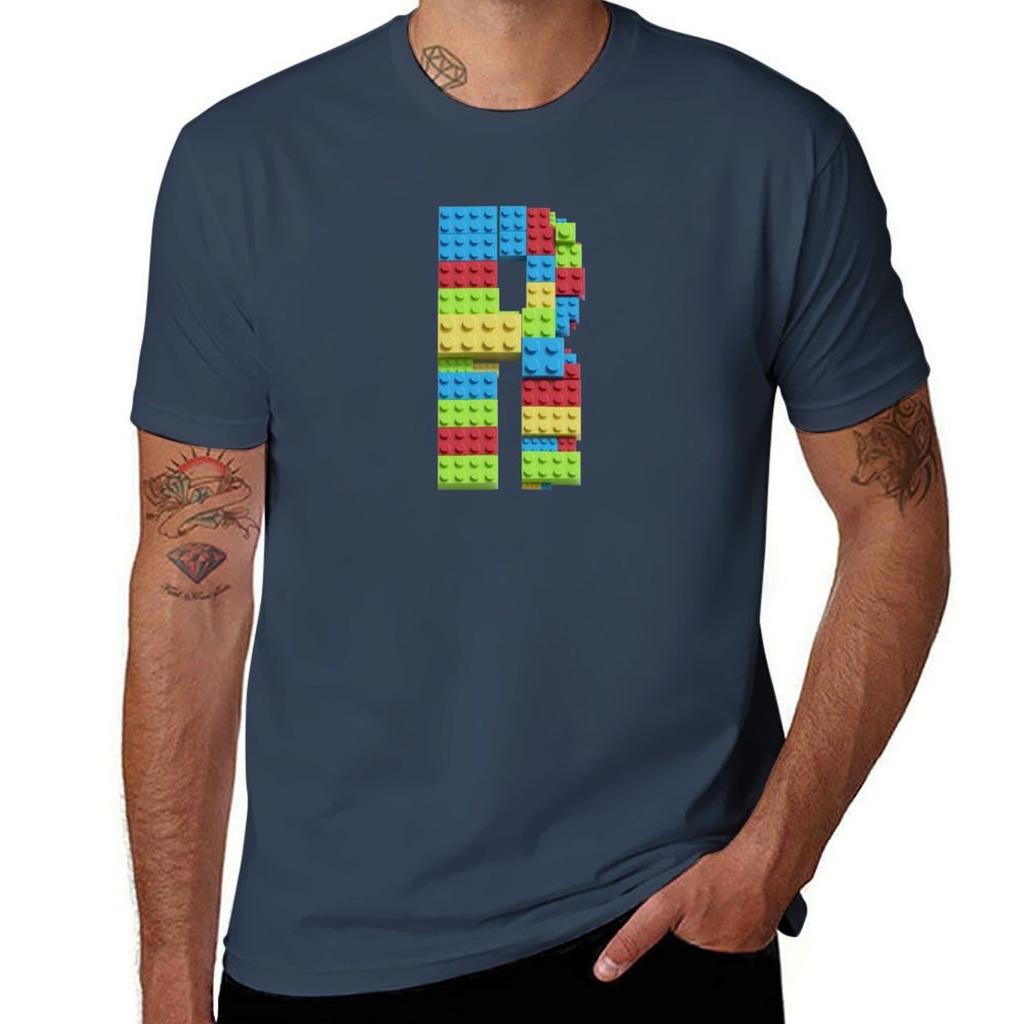 Building Brick Initial R In Primary Colors TShirt Large Size Short Sleeve TShirt