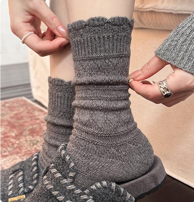 Rhombus Lace Autumn And Winter Stacking Socks Children'S Knitted Warm Medium Tube Calf Socks Basic Solid Color Boneless Soft Waxy Cotton Socks