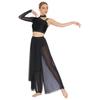 Damen Lyrisches Tanz Performance Set S-XXL: Asymmetrisches Crop-Top mit einem Ärmel, Strasssteinen & locker sitzende Überwurfhose