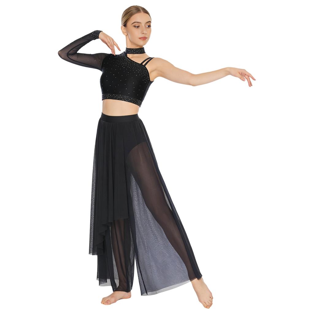 Damen Lyrisches Tanz Performance Set S-XXL: Asymmetrisches Crop-Top mit einem Ärmel, Strasssteinen & locker sitzende Überwurfhose