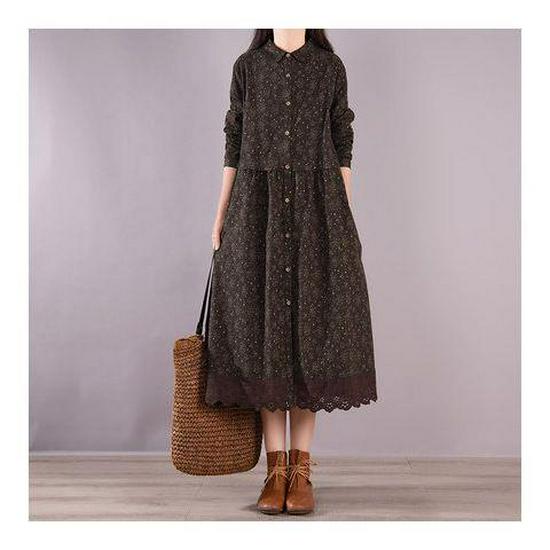 

Mori Style Mid-Length Floral Cotton-Linen Dress with Long Sleeves XXL (145-160 lbs) кофейный