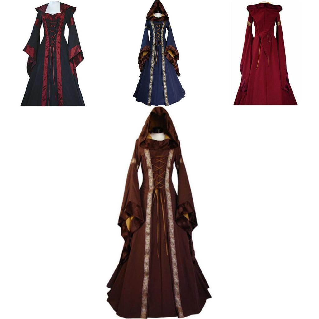 Women's Vintage Gothic Medieval Dress Costume Retro Hooded Victorian Renaissance Dress